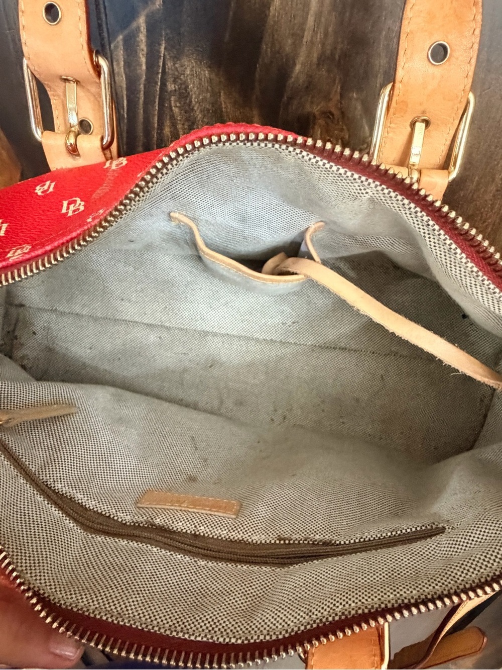 Dooney & Bourke Red Logo Canvas Shoulder Bag w/ Tan Leather Trim crossbody strap - Picture 11 of 13